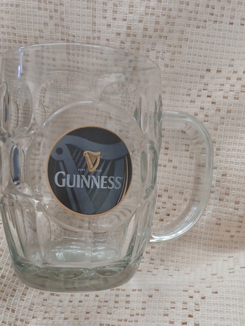 Guinness Clear Glass Mug with Black and Gold Crest